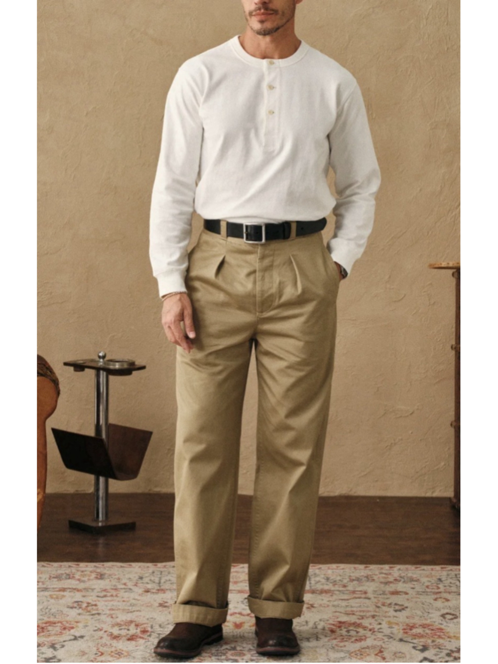 1930s Loopwheel Cotton Henley Shirt - White XL